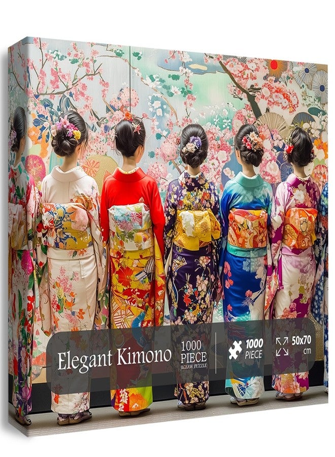 PICKFORU Elegant Kimono Puzzles for Adults 1000 Pieces, Intage Cherry Blossom Geisha Puzzles, Colorful Unique Japanese Art Puzzle as Wall Decor - Image 1